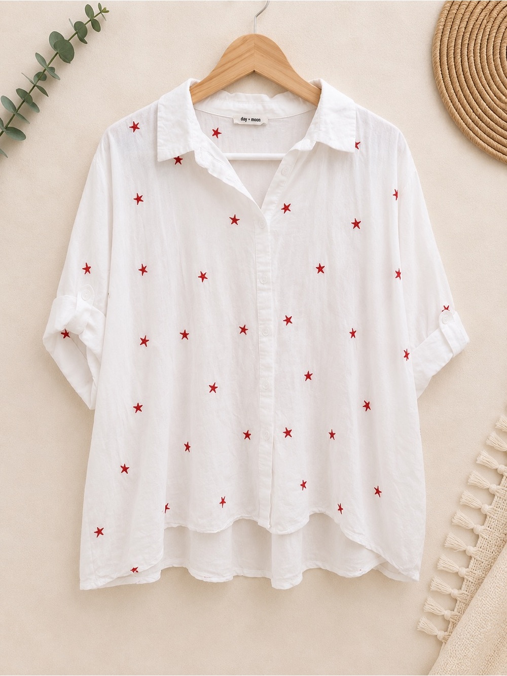 Women’s White Button-Down Shirt with Red Star Pattern July 4th